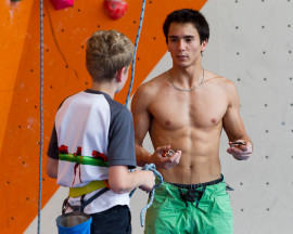 World Champion climber Sean McColl (right) gives a few pointers to Boulders youth climber Aidan Doyle on Monday at The Boulders Gym (Photo: Christian J. Stewart / Island Sports News)